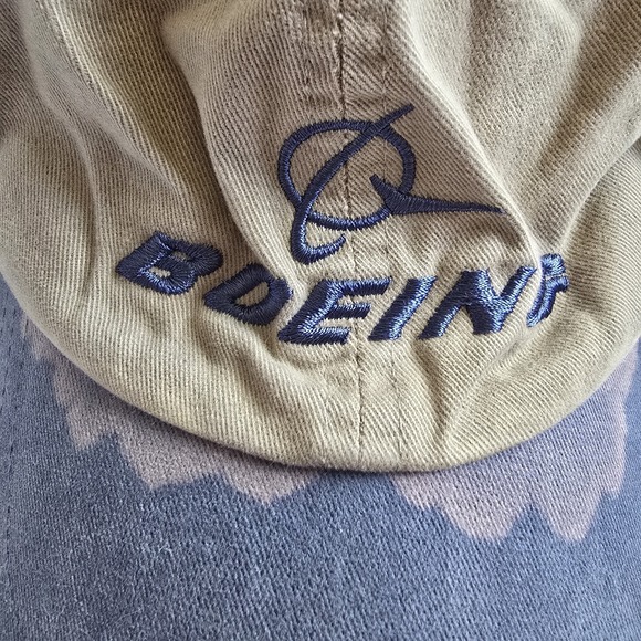 VTG Boeing Aviation Hat Cap Embroidered Distressed Blue Beige Leather Strap Back